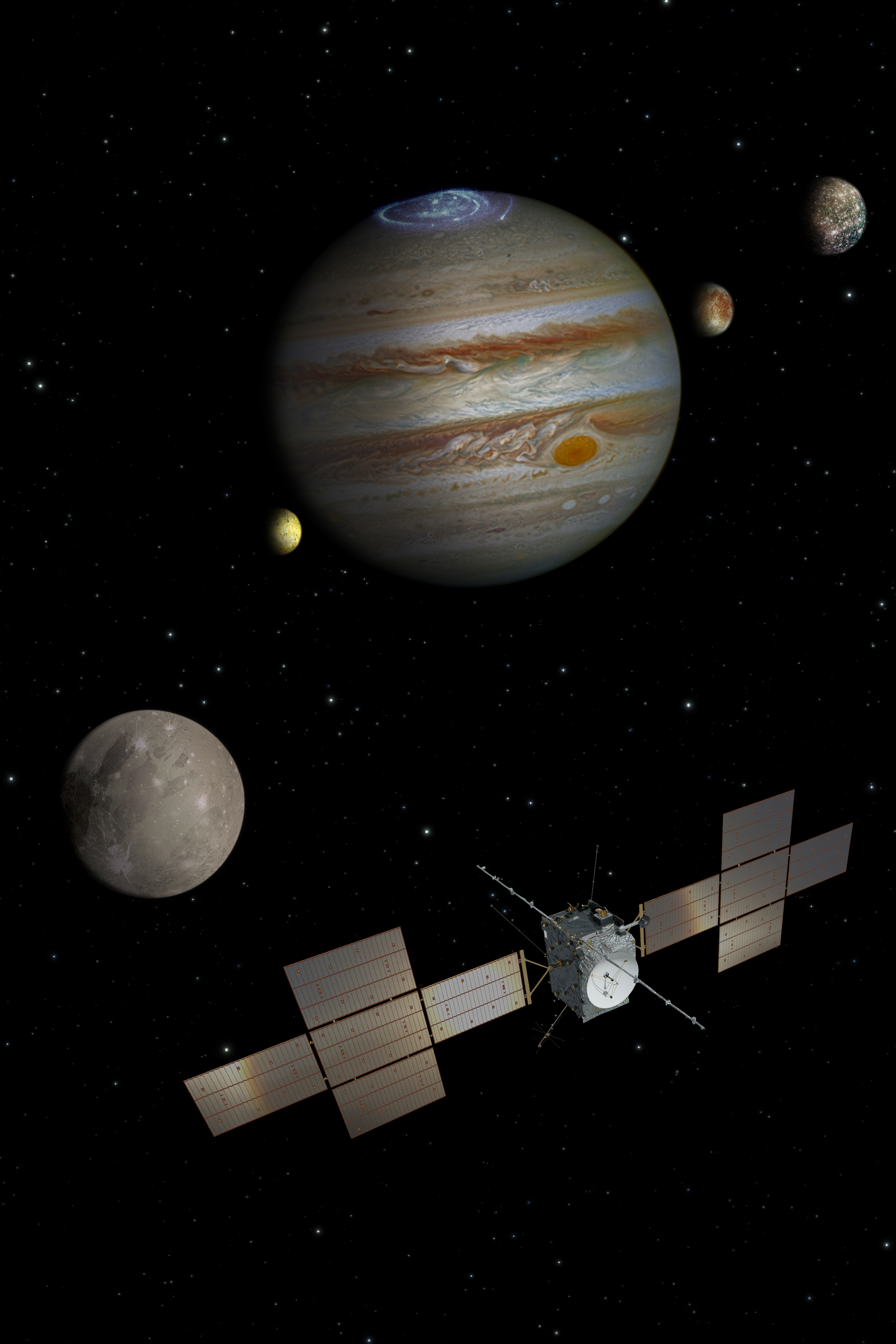Künstlerische Grafik zur Darstellung der JUICE-Weltraummission der ESA zur Erforschung des Jupiter und seiner Monde.