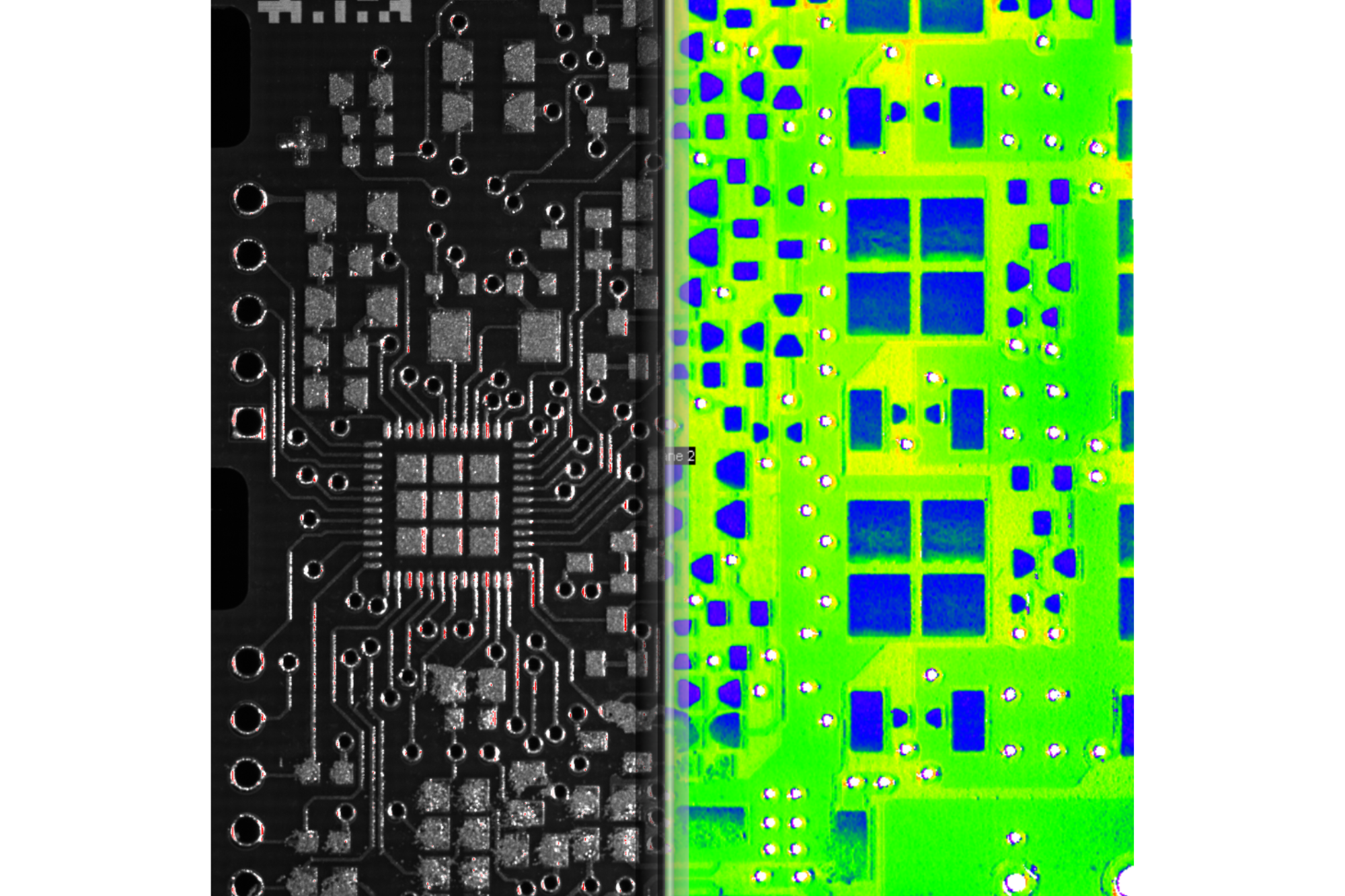 Printed circuit board (left), measurement result of the applied solder paste with color-coded height values (right)