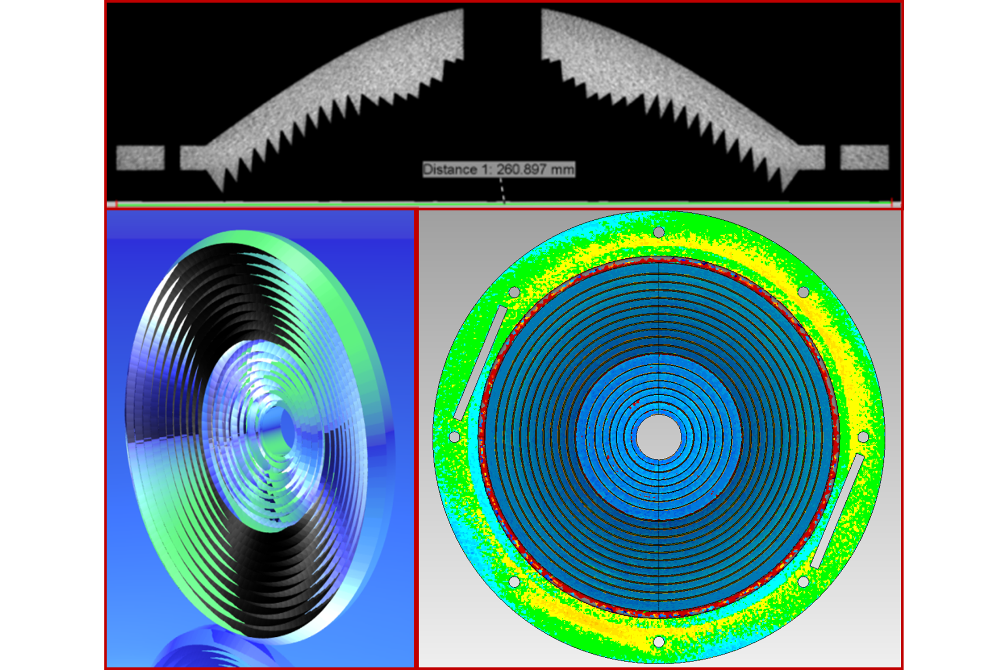 Metric analysis of a Fresnel freeform lens made of PMMA using CT and color 3D comparison of the surface against the CAD model